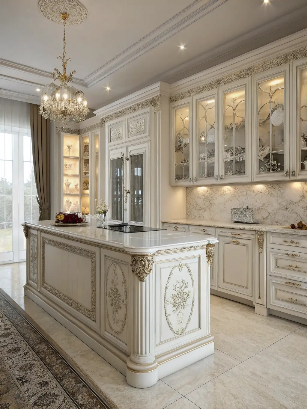 A beautifully designed modern kitchen with white cabinetry, marble countertops, and stainless steel appliances, showcasing Blue Tide Builders' expertise in luxury renovations.