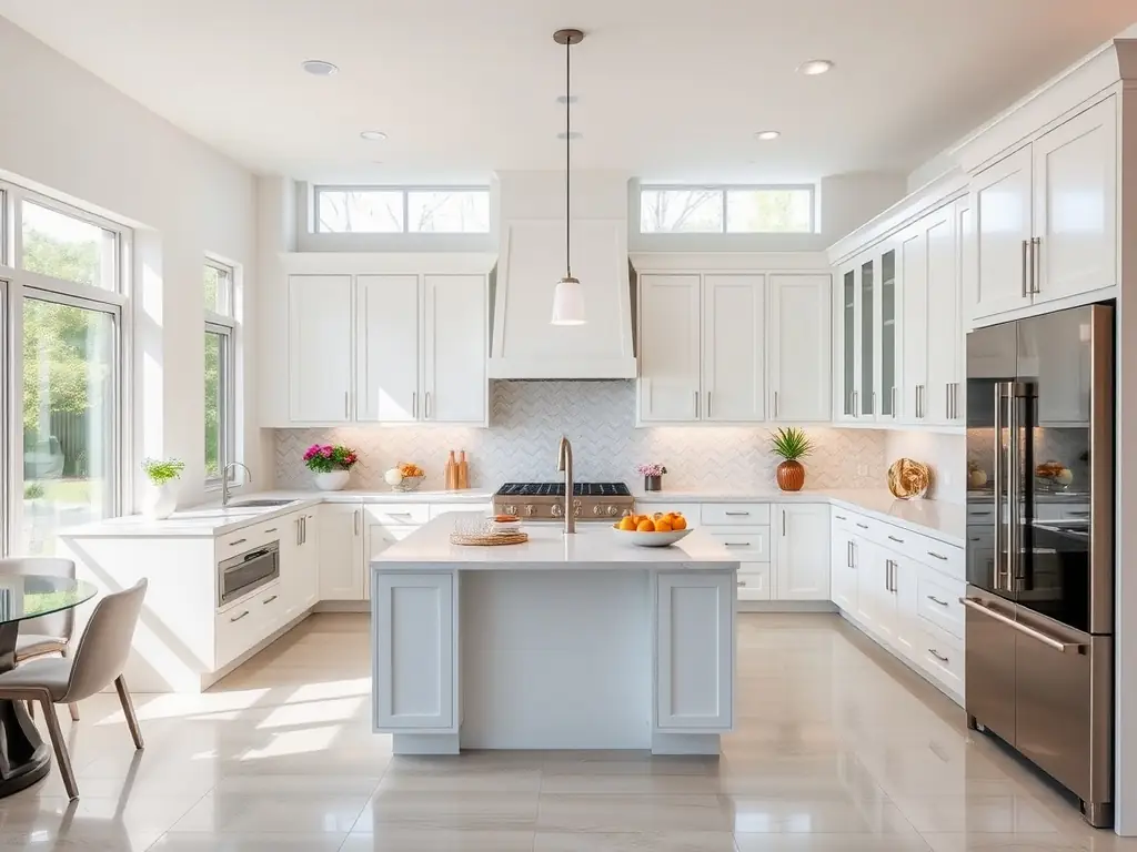 A beautifully renovated kitchen with modern appliances, custom cabinetry, and elegant lighting, showcasing Blue Tide Builders' luxury renovation service.