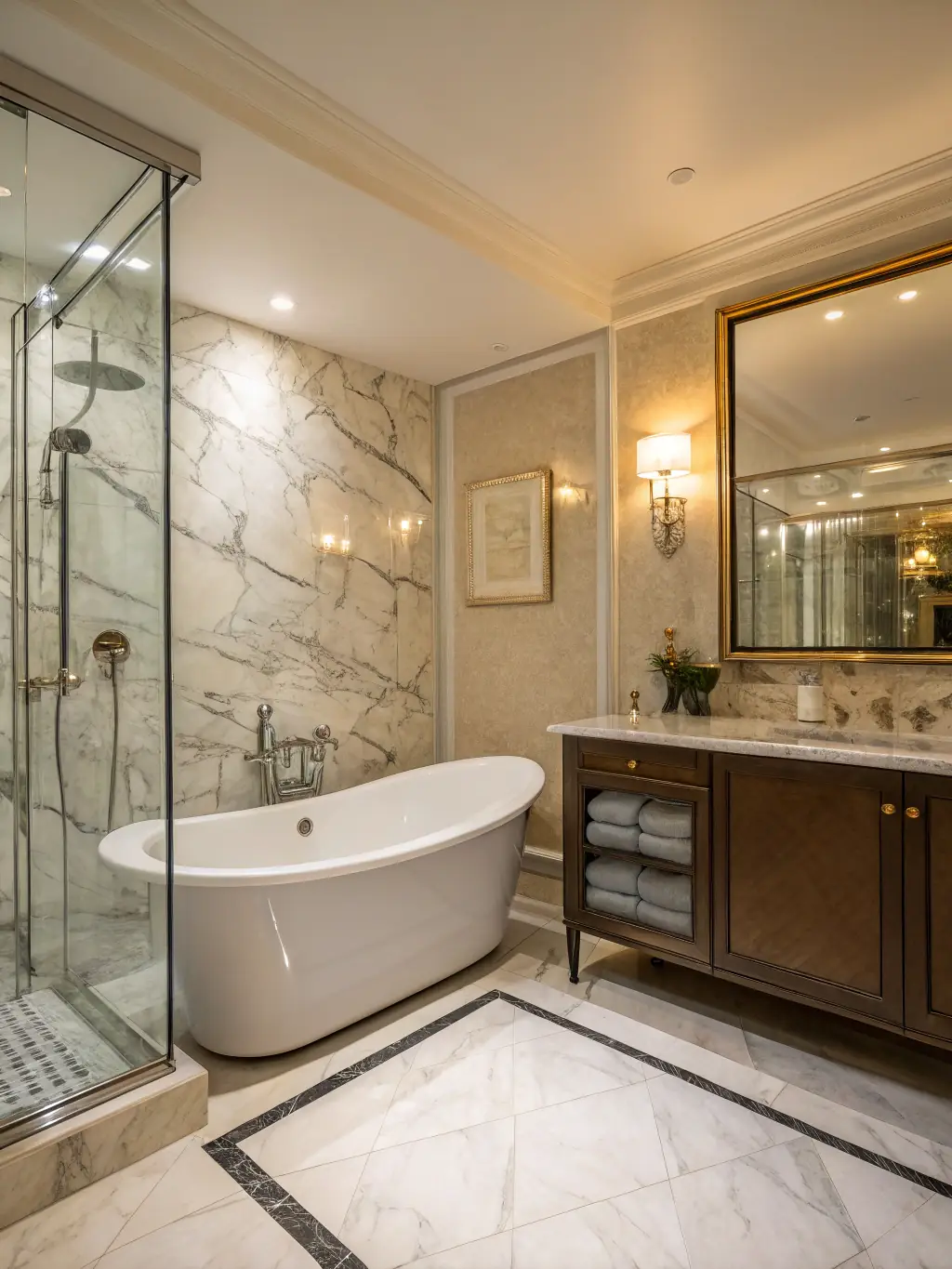 A luxurious bathroom featuring a soaking tub, walk-in shower, and high-end fixtures, demonstrating Blue Tide Builders' attention to detail in luxury renovations.