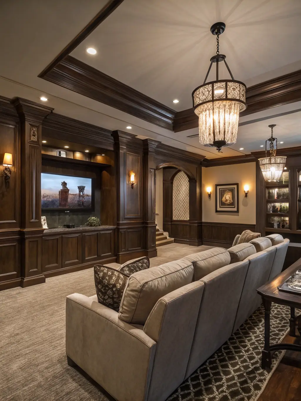 An elegant living room with custom-built shelving, a fireplace, and high-end furniture, reflecting Blue Tide Builders' commitment to custom home building.